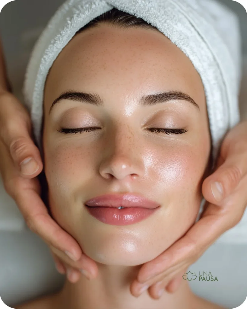 Mujer recibiendo protocolo facial premium de 2 horas en Una Pausa Estética Flores. Incluye drenaje linfático manual y microneedling opcional.