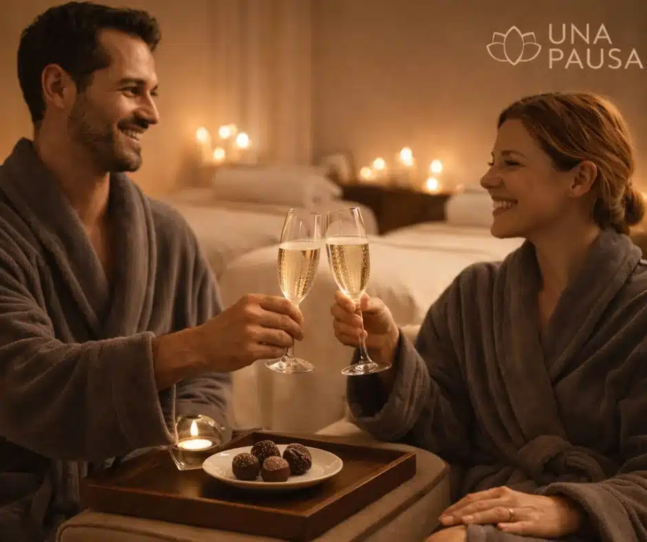 Pareja brindando con champagne tras el protocolo Nuestra Pausa Premium en el centro de estética de Flores.