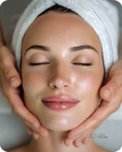 Mujer recibiendo protocolo facial premium de 2 horas en Una Pausa Estética Flores. Incluye drenaje linfático manual y microneedling opcional.